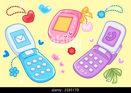 Y2K Retro-Mobiltelefone auf gelbem Hintergrund – geschlossenes rosafarbenes Gerät, lila Klapptelefon, blaues Nachrichten-Gadget mit Tasten. Nostalgische elektronische Geräte mit Pastellherzen, Bögen, Blumen. Stock Vektor