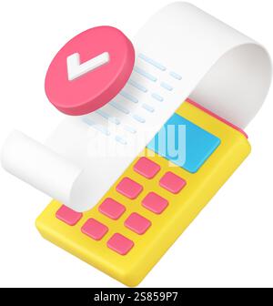 Success Shopping Payment POS Machine Terminal und Beleg 3D Symbol realistische Vektor Illustration. Genehmigte zahlende Finanzbanktransaktion für den Einkauf Stock Vektor