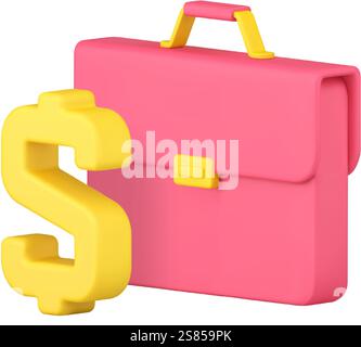 Geschäftsaktenkoffer Geld Dollar Währung Gewinn Reichtum 3D Symbol realistische Vektor-Illustration. Finanzportfoliobeutel Banking Commercial Economy Docum Stock Vektor