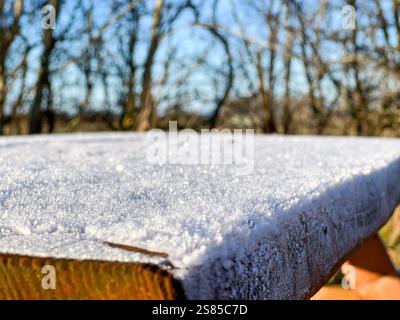 Nahaufnahme einer frostfarbenen Holztischoberfläche draußen im Park Stockfoto