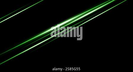 Grüne Laserstrahlen, leuchtende Streifen. Heller Lichteffekt. Abstrakter Vektor isoliert auf Schwarz Stock Vektor