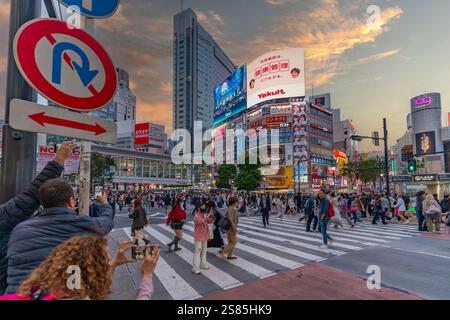 Blick auf die Menschen an der meistbesuchten Straßenkreuzung der Welt, Shibuya Scramble Crossing bei Sonnenuntergang, Minato City, Tokio, Honshu, Japan Stockfoto