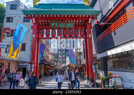 Blick auf das Torii-Tor, farbenfrohe Geschäfte und Gebäude in Asakusa, Taito City, Tokio, Honshu, Japan Stockfoto