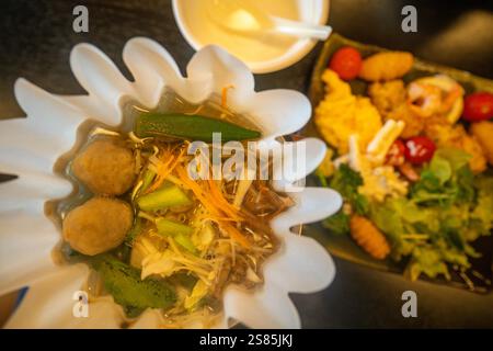 Eine Portion traditioneller japanischer Nudelsuppe und Knödel, Ramen mit Wildgemüse, Tokio, Honshu, Japan Stockfoto