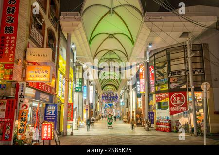 Blick auf farbenfrohe Geschäfte und Restaurants in der Einkaufspassage bei Nacht, Hiroshima, Honshu, Japan Stockfoto