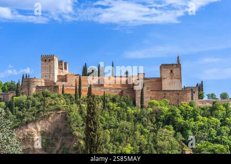 Alhambra, Festung Alcazar, Blick von El Albaicin, UNESCO, Granada, Andalusien, Spanien Stockfoto