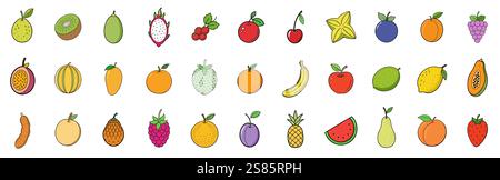 Früchte-Symbole. Farbsymbole für Früchte und Beeren. Symbole für Früchte und Beeren. Vektorabbildung Stock Vektor