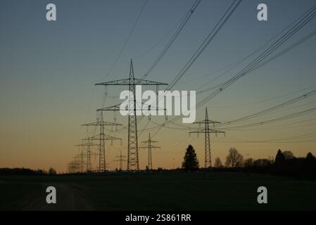 Viele Strommasten und Stromleitungen von nah bis weit unter dem Abendhimmel Stockfoto