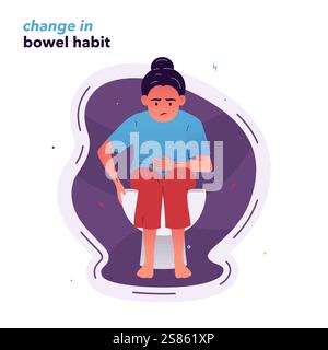 Vektor-Illustration eines Mädchens, das auf der Toilette sitzt und ihren Bauch mit der Hand hält. Probleme mit der Darmfunktion. Vergiftungssymptome Stock Vektor