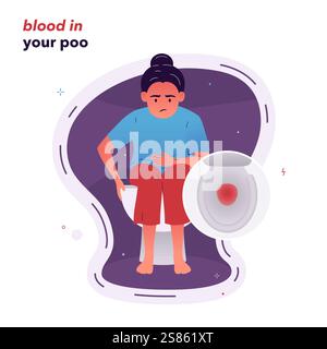 Vektor-Illustration eines Mädchens, das auf der Toilette sitzt und ihre Hand an ihren Bauch hält. Blut in der Kacke. Symptome der Hämorrhoiden, Morbus Crohn Stock Vektor