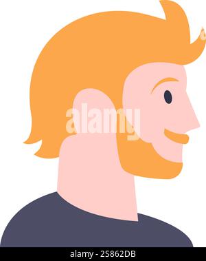 Profilansicht Porträt eines lächelnden Ingwermannes mit Bart, gekleidet in einem dunkelblauen T-Shirt, der selbstbewusst mit einem fröhlichen Blick nach rechts blickt Stock Vektor