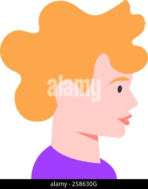 Profilansicht eines jungen Mannes mit leuchtend orangefarbenen Haaren, der ein lila Hemd trägt und in schlichtem, flachem Design nach rechts blickt. Vektorabbildung Stock Vektor