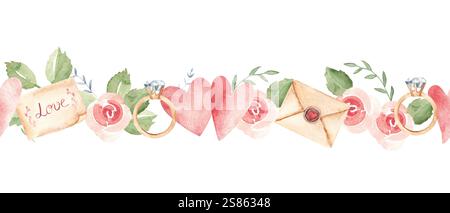 Valentinstag, Hochzeit Horizontal Aquarell nahtloses Grenzmuster mit handgefertigten Umschlägen, Vintage-Briefen, rosa Herzen und Rosen und Diamantbindung Stockfoto