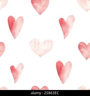 Valentinstag oder Hochzeit nahtloses Aquarellmuster mit fliegenden rosa Herzen. Handgezeichnete Aquarellillustration isoliert auf weißem Hintergrund. Für Stockfoto