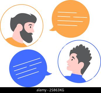 Zwei männliche Kollegen, die sich über Chat-Blasen unterhalten und über Online-Kommunikation über arbeitsbezogene Themen oder persönliche Angelegenheiten diskutieren Stock Vektor