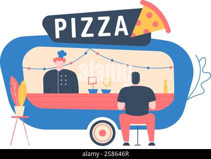 Koch serviert einem Kunden, der Pizza in einem Food Truck bestellt, der Essen zum Mitnehmen verkauft, das mit Lichtern und einem Stück Pizza dekoriert ist, und wirbt für Street Food Stock Vektor