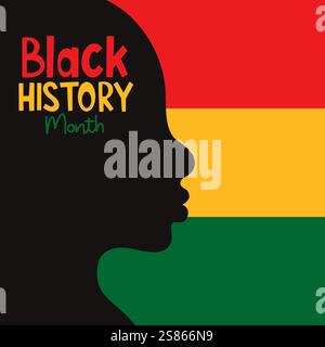 Schwarzes Banner für den Monat der Geschichte. Silhouette des Profils afroamerikaner auf dem Hintergrund der Nationalflagge. Designgrafik für Vektorillustration. Quadratisches Element Stock Vektor