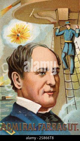 "Berühmte Personen der amerikanischen Geschichte, David Glasgow Farragut (* 5. Juli 1801 in Knoxville, Tennessee; † 14. August 1870 in Portsmouth, New Hampshire) war ein US-amerikanischer Marineoffizier des 19. Jahrhundert, Historisch, digitale Reproduktion eines Sammelbildes aus dem 19. Jahrhundert' Stockfoto