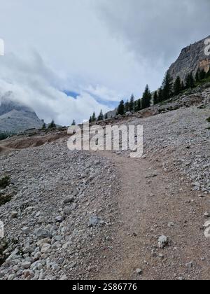 Zerklüfteter Bergpfad, der sich durch eine felsige Landschaft schlängelt, Dolomiten, Italien. Nebelbedeckte Gipfel in der Ferne, bedeckter Himmel, stimmungsvolle Atmosphäre Stockfoto