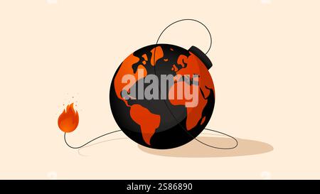 Erdkugel in Form einer Bombe mit einer brennenden Sicherung. Konzeptionelle Darstellung der globalen Erwärmung, Kriege, Terrorismus, Waldbrände und hohen Temperaturen Stock Vektor