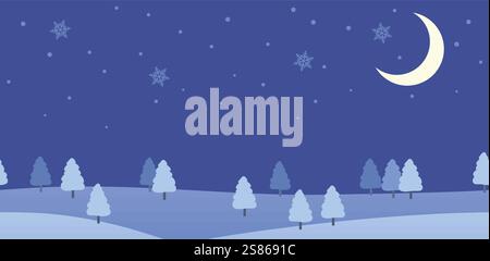 Nahtlose Flache Landschaft Im Winter Bei Nacht Vektor-Illustration. Horizontal Wiederholbar. Stock Vektor