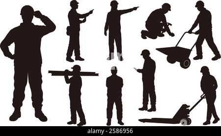 Satz von Schwarz-weiß-Silhouetten-Illustrationen von Bauarbeitern isoliert auf weißem Hintergrund. Stock Vektor