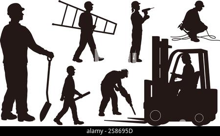 Satz von Schwarz-weiß-Silhouetten-Illustrationen von Bauarbeitern isoliert auf weißem Hintergrund. Stock Vektor
