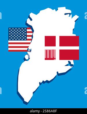 Karte von Grönland mit USA und Dänemark Flaggen auf blauem Hintergrund. Zugehörigkeitskonzept. Vektorabbildung. Stockfoto