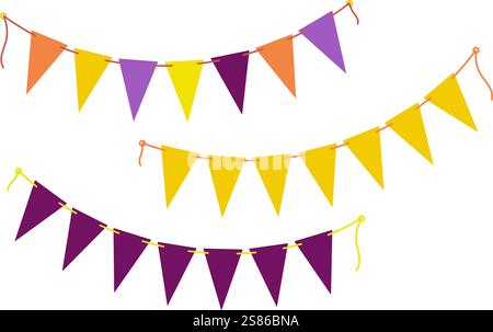 Dreieckige festliche Pennant-Girlande am Seil in trendigen Halloween- oder Partyfarben. Legen Sie 3 Designelement fest. Isolierte Vektor-Illustration Thematische Karten, Poster, Banner oder Web-Promo-Broschüre, Etikett, Preisschild Stock Vektor
