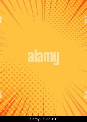 Orangefarbene, radiale Zoomlinien und Halbtonpunkte, die zur Mitte hin zusammenlaufen, schaffen einen lebendigen und dynamischen Hintergrund, der sich für Comics und Grafiken eignet Stock Vektor