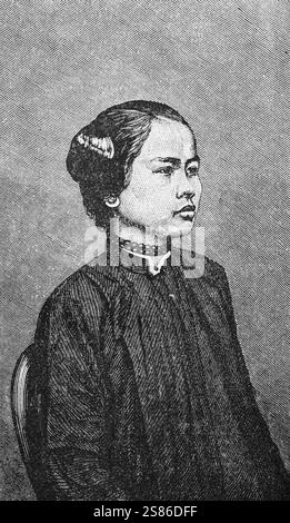 Porträt einer anamiten Frau, Name in der Kolonialzeit für ein Volk verwendet, das in Nordvietnam lebt, Reise um die Welt, historische Illustration 1887 Stockfoto