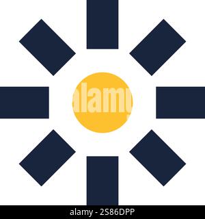 Minimalistische Vektor-Illustration einer gelben Sonne, die mit dunkelblauen Strahlen auf weißem Hintergrund scheint und Konzepte wie Energie, Licht und Natur repräsentiert Stock Vektor
