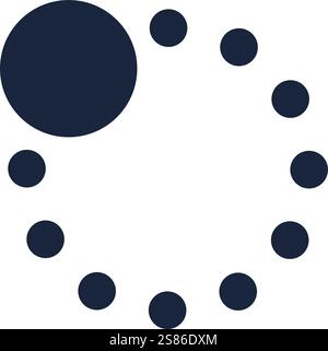 Einfaches Ladesymbol mit dunklen Kreisen, die sich im Uhrzeigersinn drehen und einen runden Fortschrittsbalken auf weißem Hintergrund bilden, der eine Softwareanwendung darstellt Stock Vektor