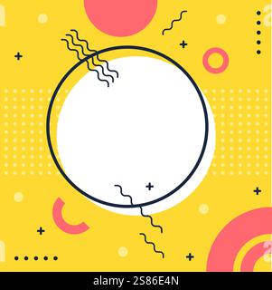 Farbenfroher geometrischer Hintergrund mit einem markanten weißen Kreis, umgeben von verspielten Memphis-Designelementen wie knackigen Linien, Punkten und Stock Vektor