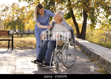 Betreuungsperson hilft Senioren im Rollstuhl im Park. Häuslicher Gesundheitsdienst Stockfoto