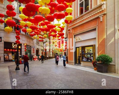 Hongkong, China - 21. Januar 2025 : die Lee Tung Avenue ist mit roten und gelben Laternen geschmückt und feiert das chinesische Neujahr. Eine festliche Atmosphäre erfüllt Stockfoto
