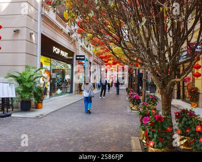 Hongkong, China - 21. Januar 2025 : die Lee Tung Avenue ist mit lebhaften chinesischen Neujahrsdekorationen geschmückt. Rote Laternen, Blumen und festliche Atmosphäre Stockfoto