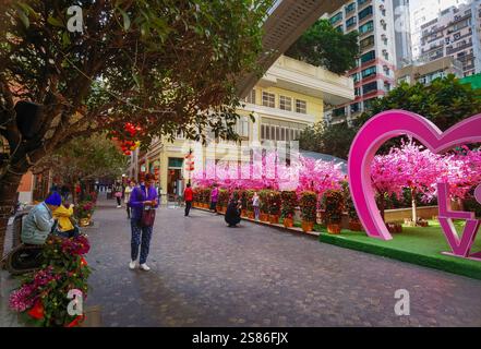 Hongkong, China - 21. Januar 2025 : die Lee Tung Avenue ist mit leuchtenden rosafarbenen Blüten und Herzdekorationen geschmückt, die das chinesische Neujahr feiern. Ein fest Stockfoto