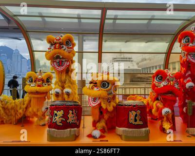 Hongkong, China - 21. Januar 2025 : pulsierende Löwenkostüme werden in einer Hafenstadt ausgestellt, um das chinesische Neujahr zu feiern. Die festliche Szene Stockfoto