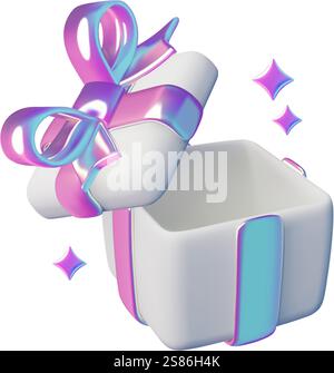 3D geöffnete Geburtstagsgeschenkbox Überraschungs-Emoji mit metallischen Verlaufsbogen und Sternen Stock Vektor