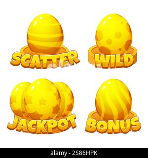 Set von goldenen Ostereiern. Slot-Symbole: Jackpot, Wild, Bonus und Scatter für den Osterspielautomaten Stock Vektor