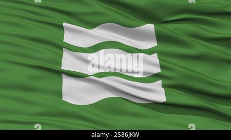 Nahaufnahme von Hiroshima Flagge, die Hauptstadt der japanischen Präfektur, winken im Wind, hohe Auflösung Stockfoto