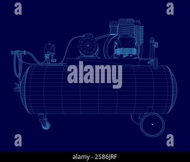 Blaue Zeichnung eines Kompressors. Der Kompressor wird in einer 3D-Ansicht angezeigt. Der Kompressor ist ein großes, schweres Objekt mit einem Rad an der Unterseite Stock Vektor