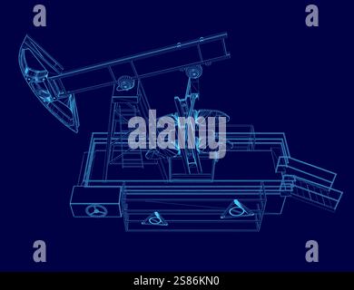 Blaue Zeichnung einer Maschine mit blauem Hintergrund. Die Zeichnung ist von einer Ausrüstung, die zum Bohren verwendet wird Stock Vektor