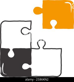 Minimalistische handgezeichnete Illustration von Puzzleteilen mit einem fehlenden orangen Teil, die Problemlösung, Teamarbeit, Strategie und Verbindung symbolisiert Stock Vektor