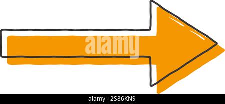 Einfacher handgezeichneter Rechtspfeil mit orangefarbener Füllung und schwarzer Umrandung auf weißem Hintergrund, ideal für Richtungs-, Navigations- oder Schilderdesigns. Stock Vektor