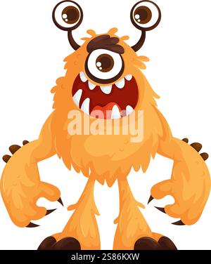 Playful orange cartoon monster with one large eye, two stalk eyes, sharp teeth, and a goofy expression on a white background. Stock Vektor