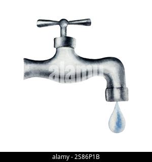 Ein Tropfen reinem Wasser tropft aus dem Wasserhahn. Aquarell Hand gezeichnete Badezimmer Wasserhahn Illustration isoliert auf Hintergrund. Landwirtschaft, ökologischer Gartenbau Stockfoto