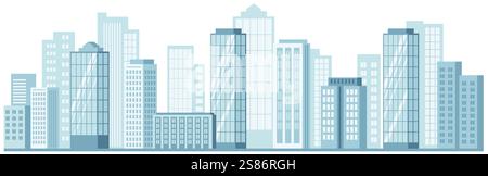 Stadtbild-Hintergrund. Städtische Gebäude, städtische Landschaft mit Straße. Modernes architektonisches Panorama in flachem Stil. Vektorillustration horizontale Wandbild Stock Vektor