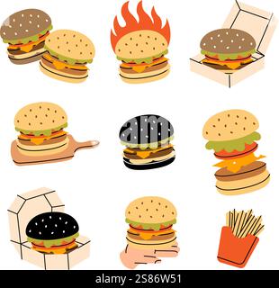 Burger-Set. Traditionelles amerikanisches Fast Food. Handgezeichnete Elemente für Cafés, Restaurants. Vektorabbildung. Stock Vektor